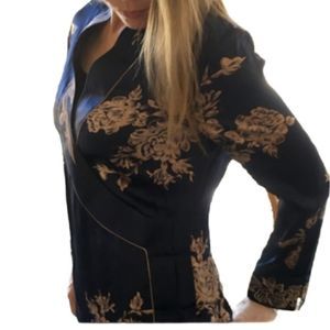 Silk Coat One of a Kind Original Qinyi Shanghai Fashion Show Navy Gold Womens XL